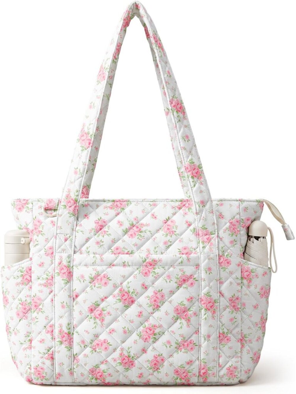 Quilted Tote Bag for Women, Floral Quilted Tote Bag with Zipper, Cute Shoulder B